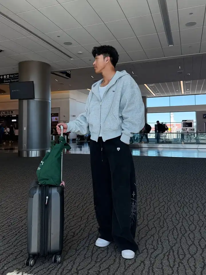 Grey Zip Hoodie Over a White Tee, With Wide Black Sweats