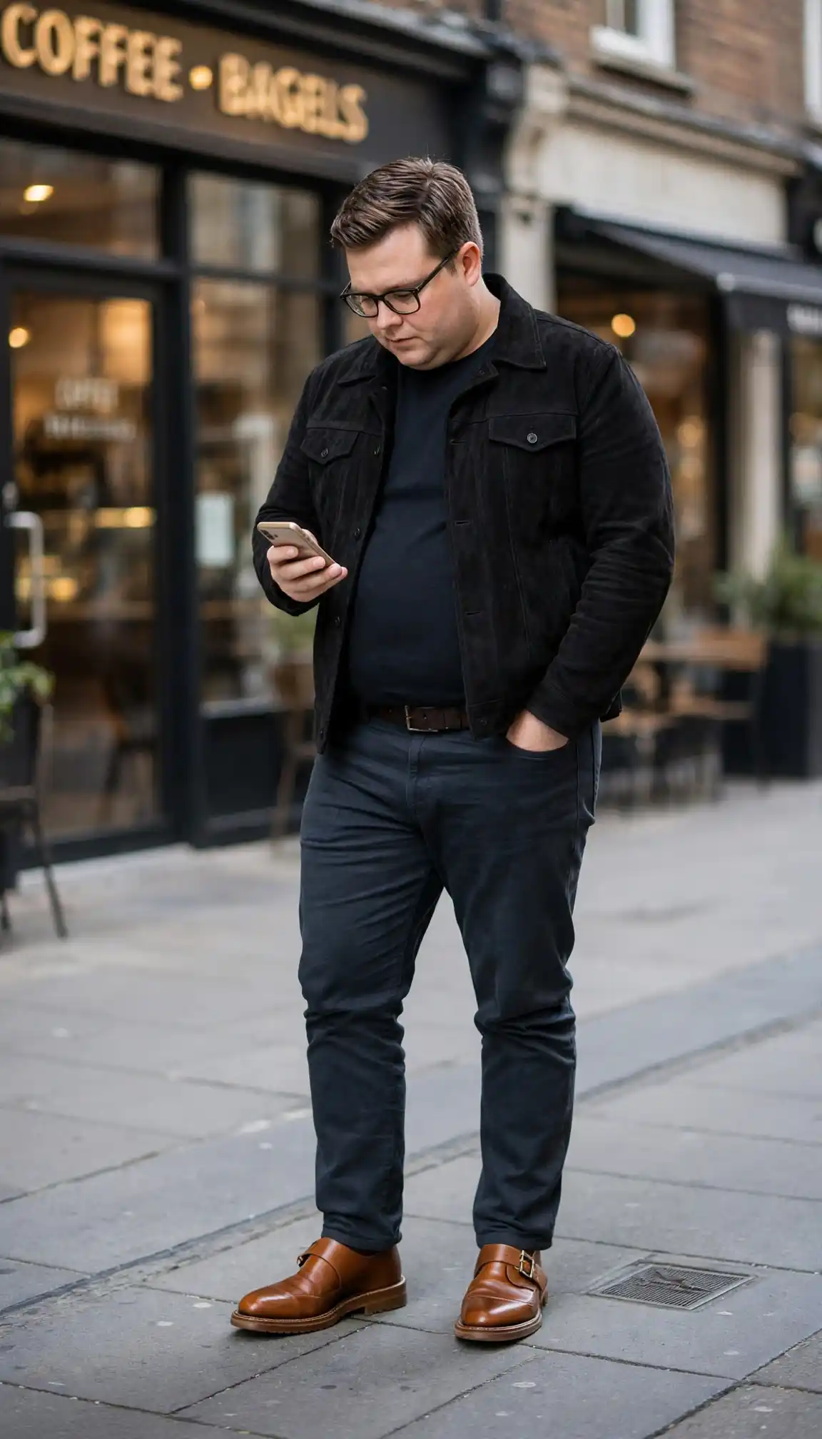 15. Black Suede Jacket With Brown Loafers