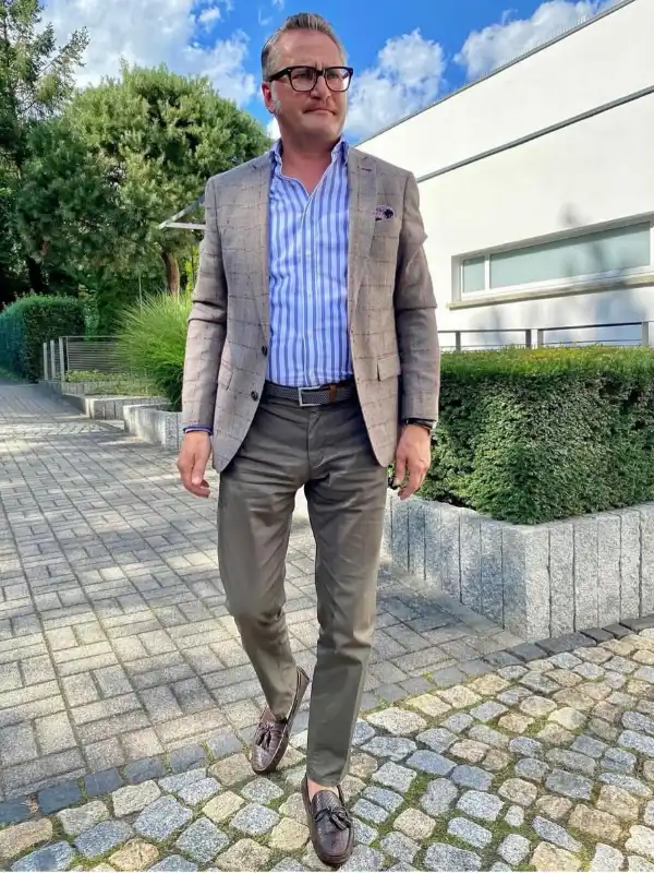 The Checked Blazer and Striped Shirt Combo That Breaks the Plain-Shirt Rule