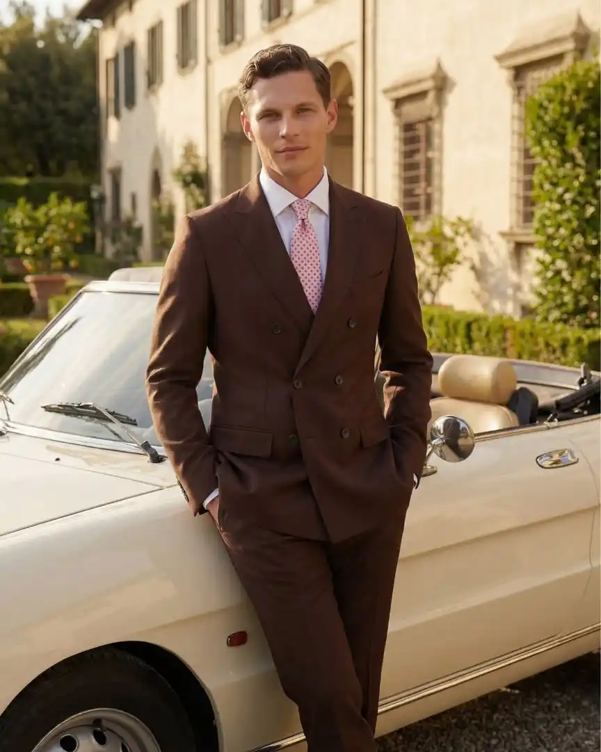 13. Chocolate Brown Double Breasted Suit with Pink Tie