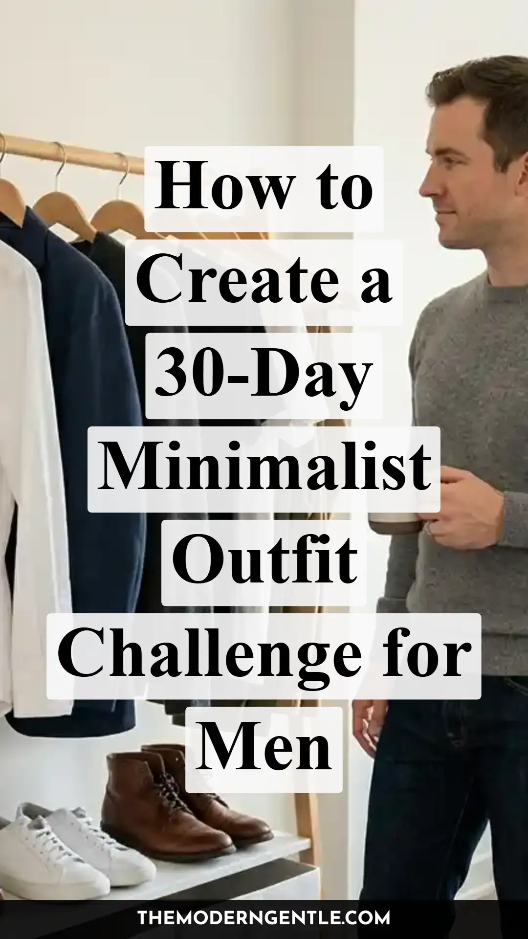 A man in a grey knit sweater and dark jeans stands by an open closet holding a mug, looking at navy and white shirts on wooden hangers with white sneakers and brown leather boots on a shelf below. Bold black text on white highlight boxes reads "How to Create a 30-Day Minimalist Outfit Challenge for Men," reflecting minimalist wardrobe men and capsule wardrobe men principles.