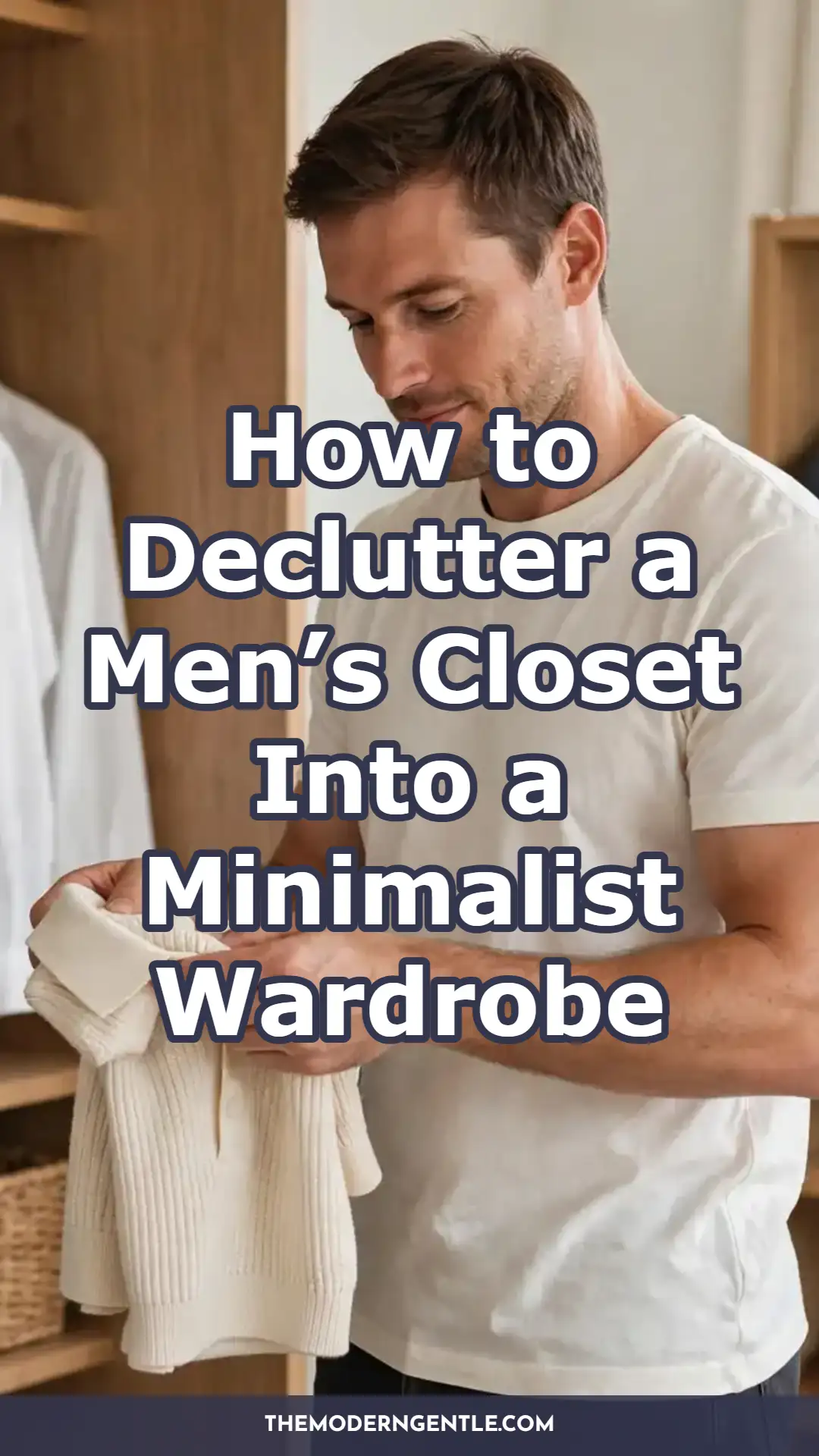 A man stands in a wooden closet with open shelving, folding a cream knit sweater in his hands while white shirts hang on a rod beside him. Bold white text outlined in navy reads "How to Declutter a Men's Closet Into a Minimalist Wardrobe" across the center. The scene reflects capsule wardrobe men principles, closet organization, and building an interchangeable neutral color palette.