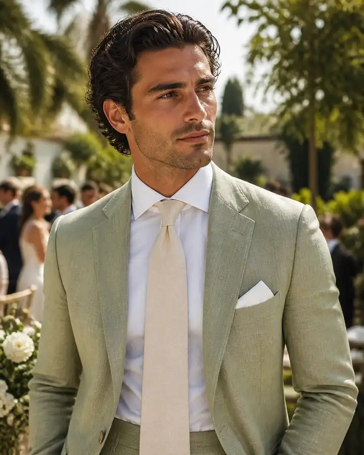 Sage Green Linen Blazer With a Cream Tie for Spring