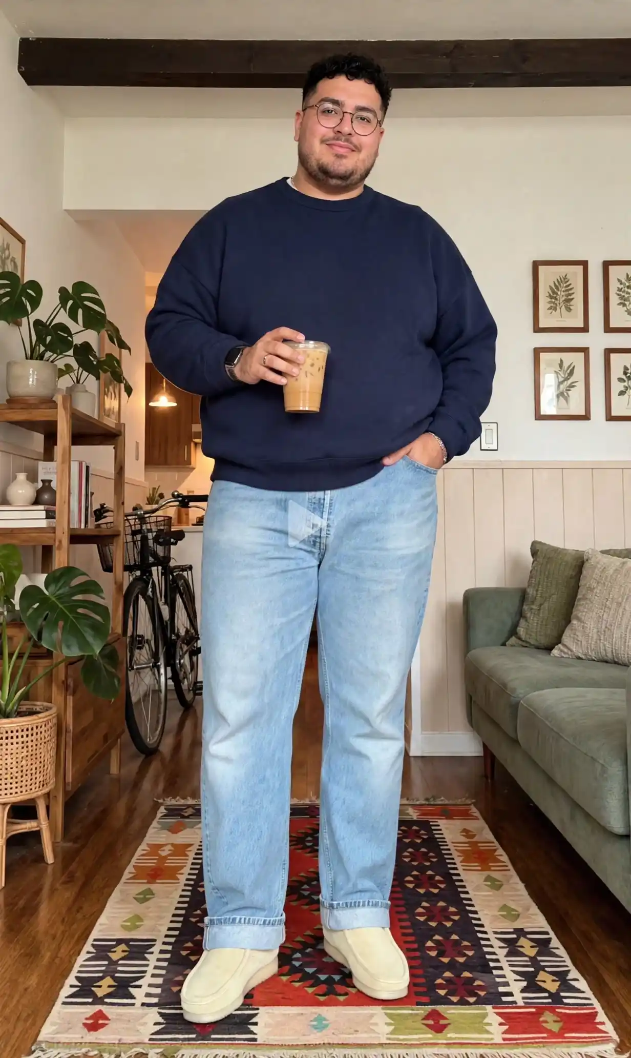 9. Navy Sweatshirt and Light Wash JeansA navy crewneck sweatshirt brings a soft, cozy feel to this home setting. Dropped shoulders and a generous cut give the piece a relaxed shape, and the solid color keeps the top half of the outfit simple. He holds an iced coffee, adding a lived in, everyday moment to the scene.Light wash jeans balance the darker top with a classic denim look. Cuffed hems at the ankle show off a bit of detail, and the straight leg cut skims the body without pulling tight. Cream suede shoes close out the outfit, giving this fall look a warm, grounded finish.