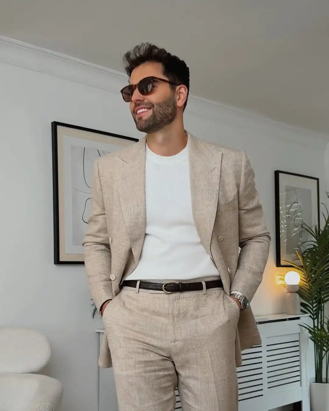 2. Beige Linen Suit with Knit Sweater