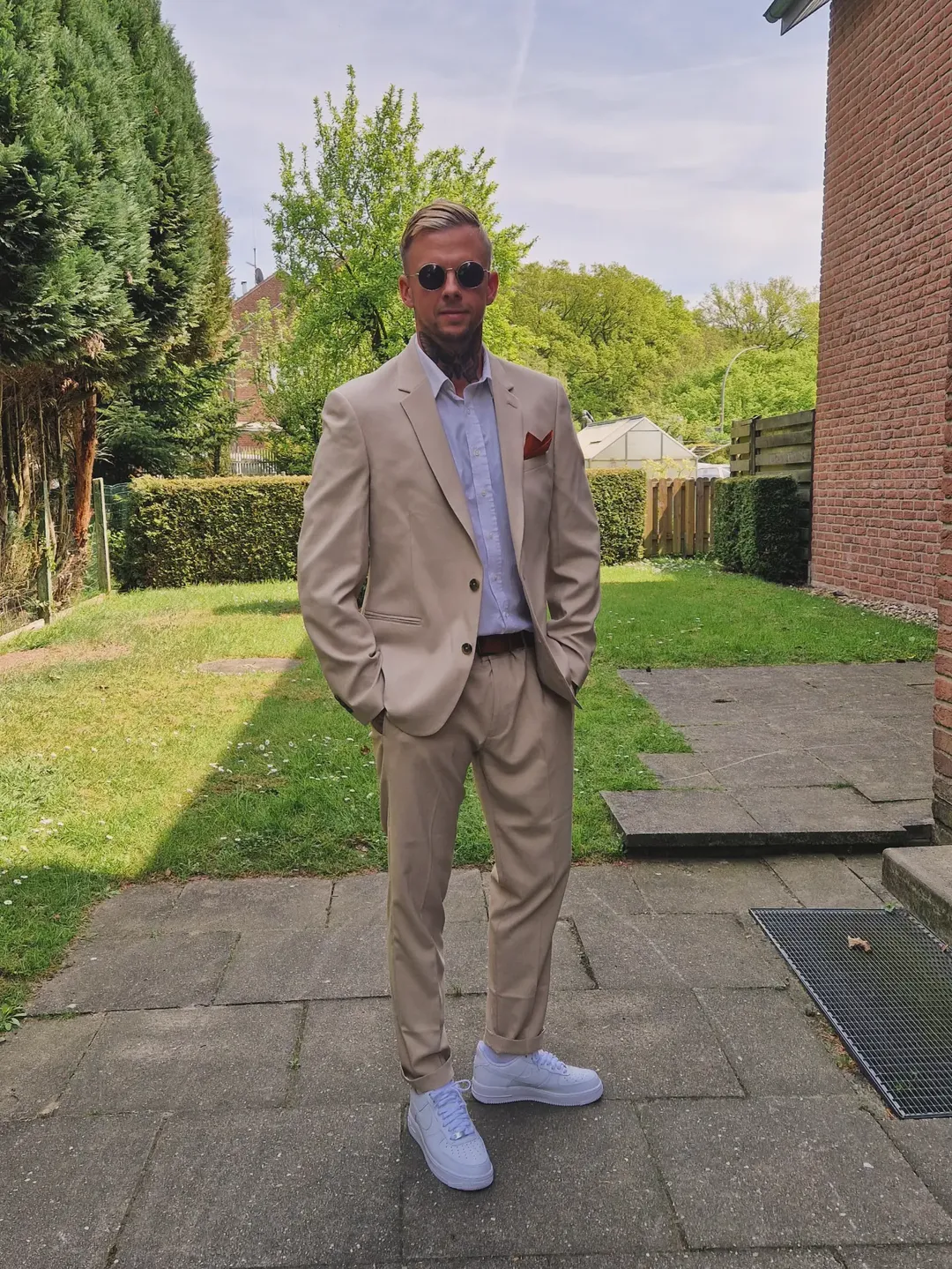 13. Tan Suit With White Sneakers