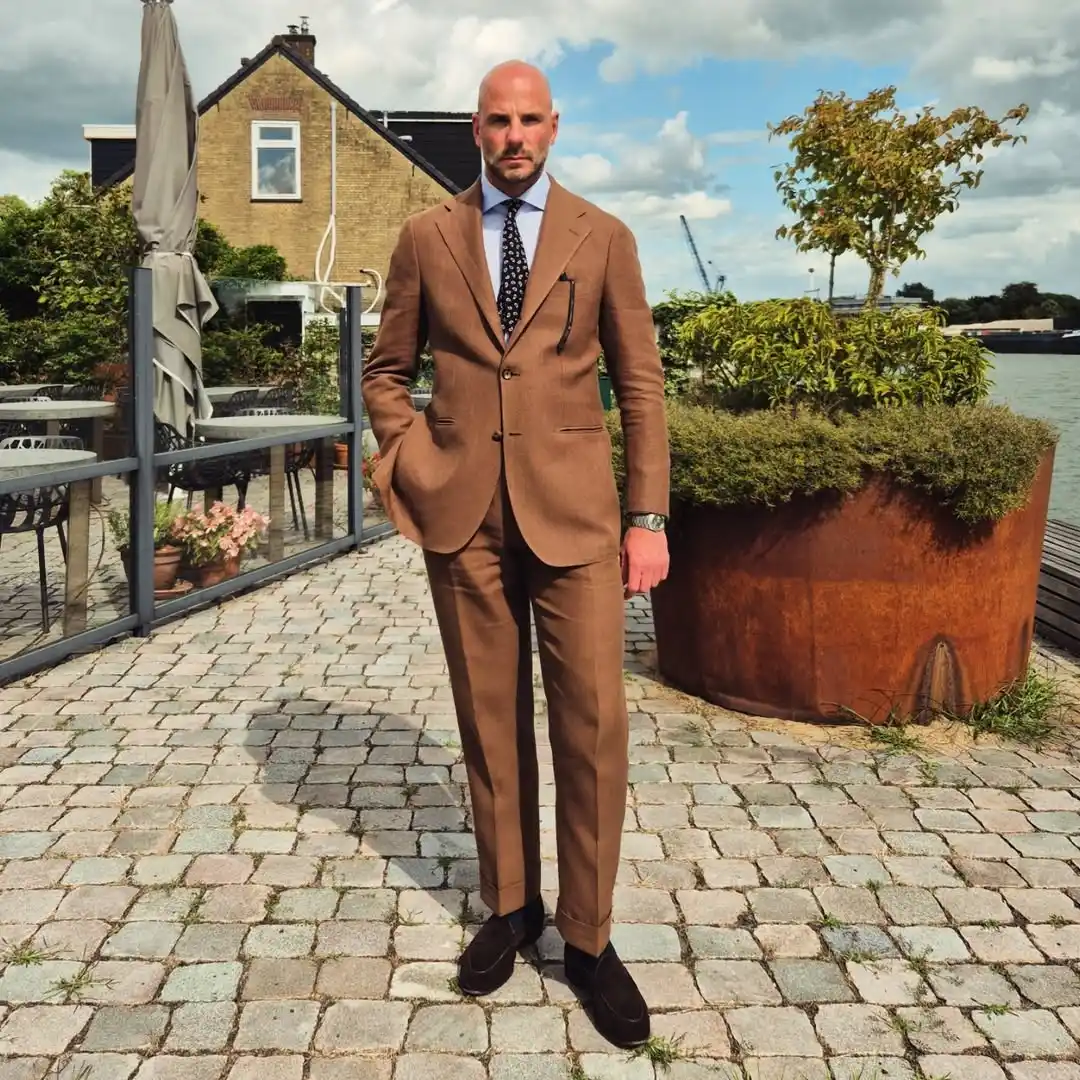 9. Camel Suit With Polka Dot Tie