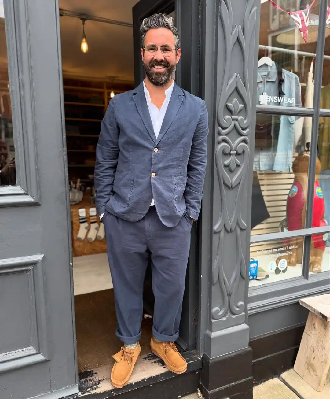 9. Slate Blue Blazer with Chukka Boots