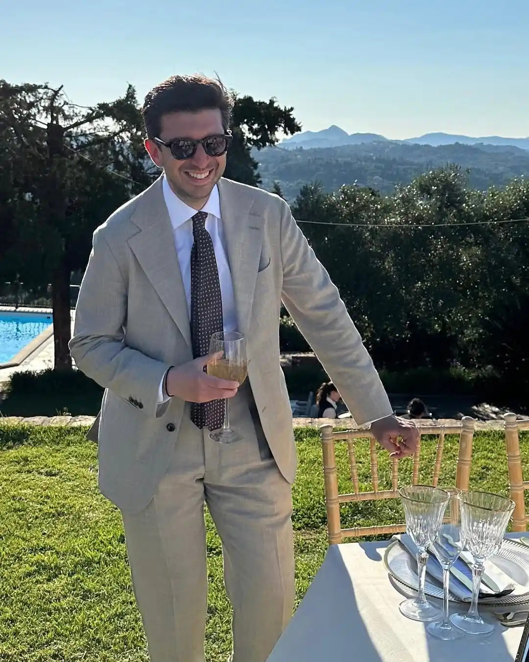 11. Tan Suit with Polka Dot Tie