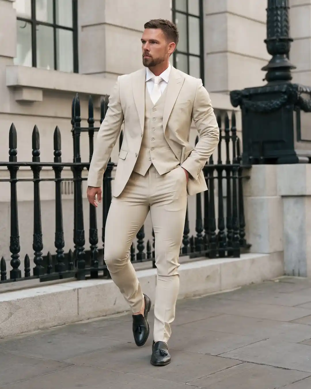 1. Beige Three Piece Suit