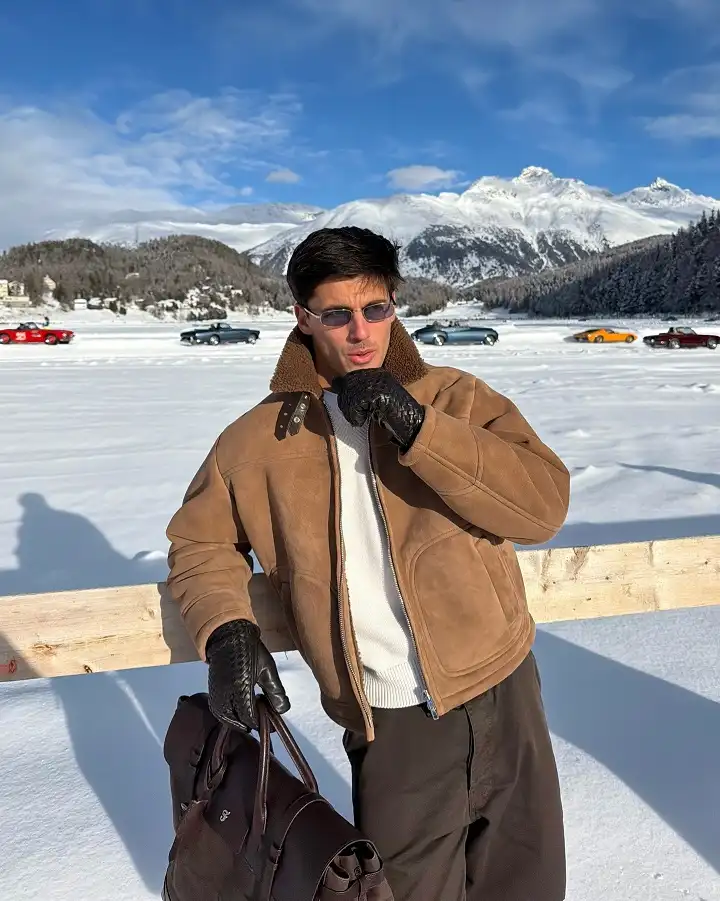 25 Stylish Winter Travel Outfits for Men & Ski Trips 8 Suede Shearling Bomber With Brown Trousers for Arrival Day