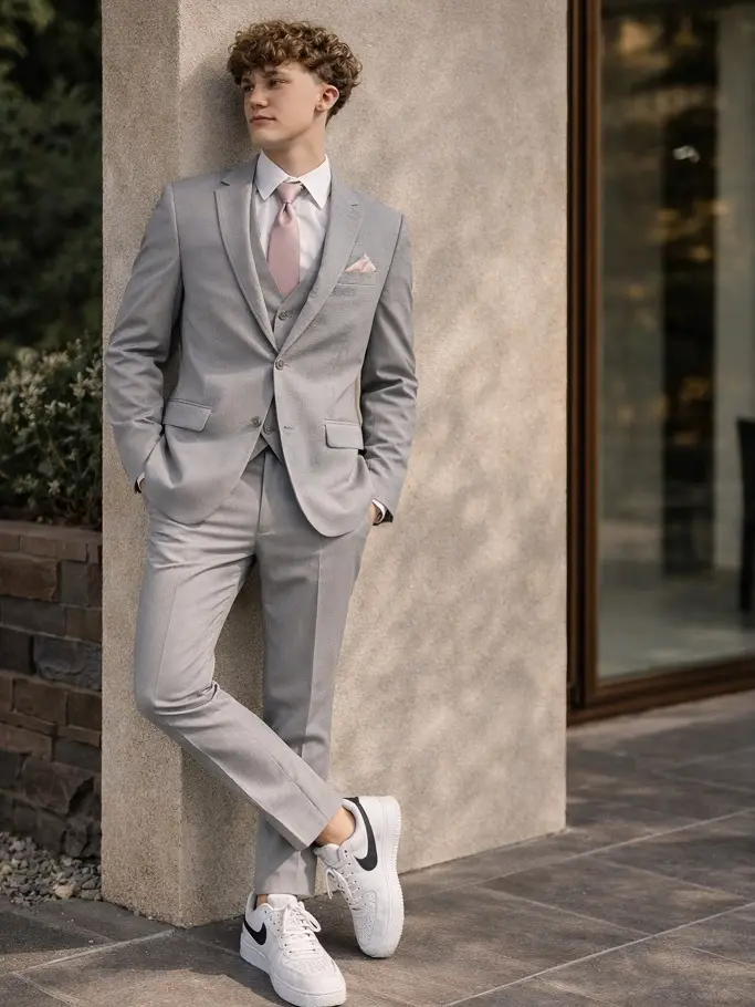 Light Grey Three Piece With a Blush Tie