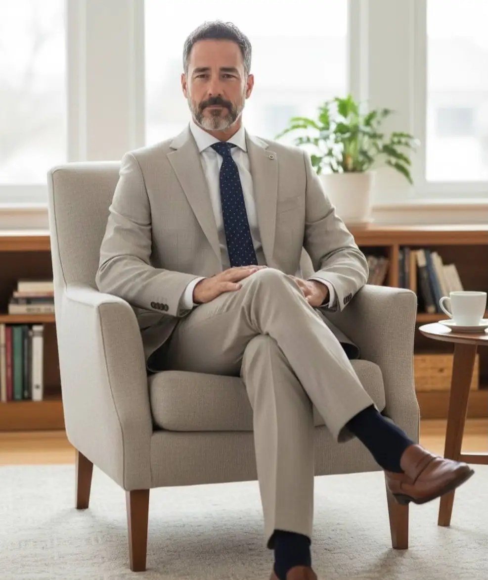 A Tan Suit and Navy Tie Combination That Reads Warm Instead of Corporate