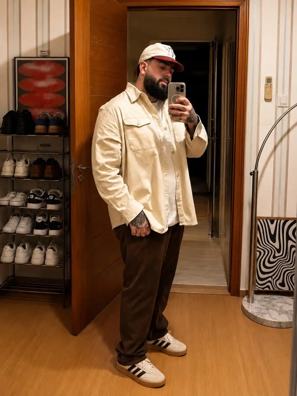 1. Cream Overshirt and Brown Trousers