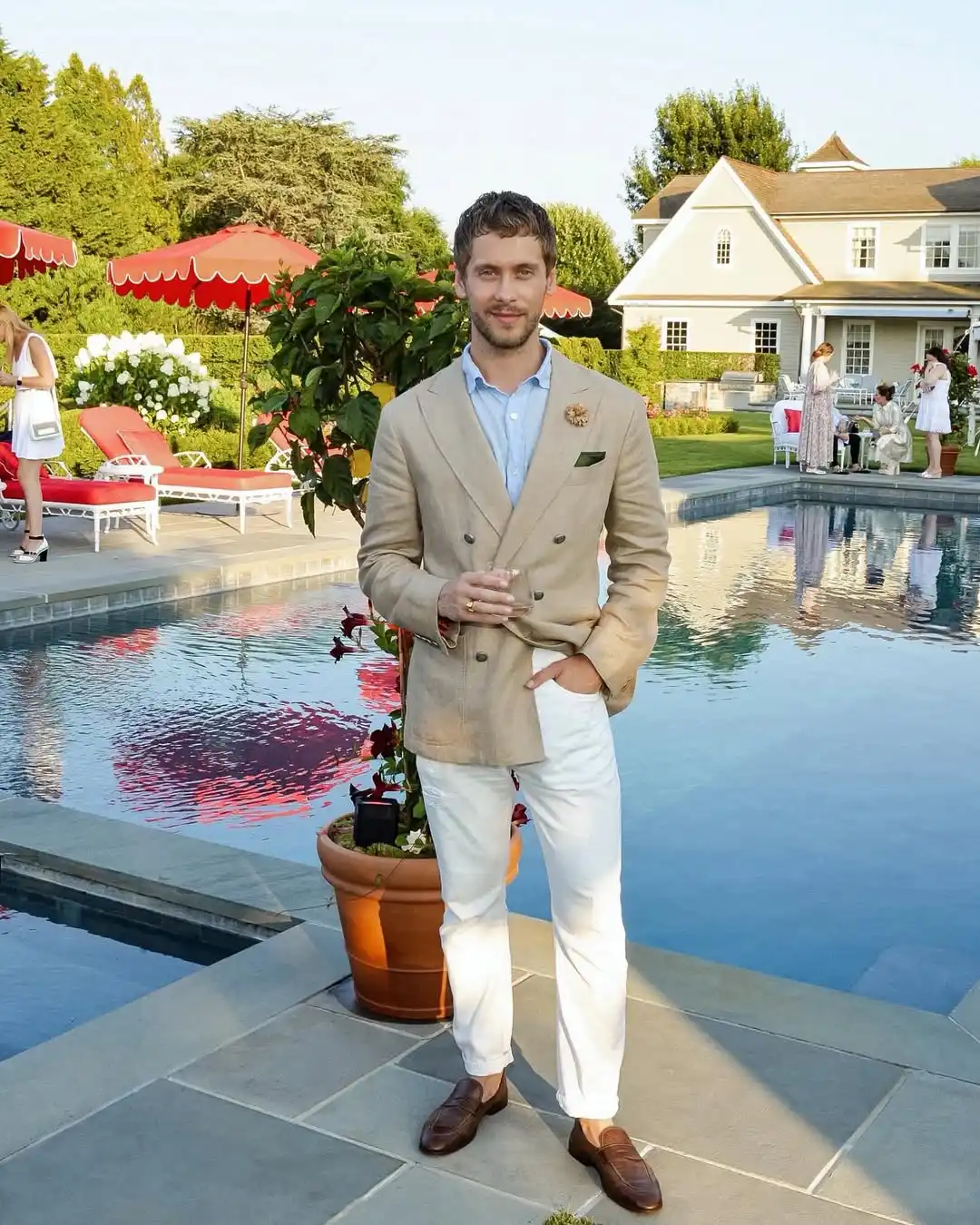 10. Tan Blazer With White Trousers by the Pool