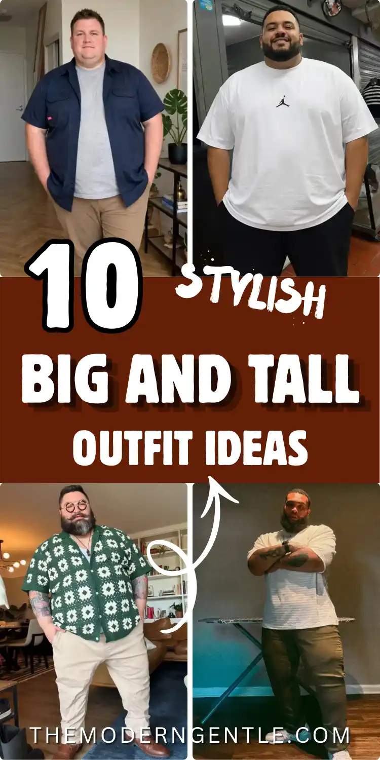 A four-panel grid featuring versatile big and tall fashion options. The top left shows an open navy utility shirt worn over a grey tee with khaki pants. Top right displays a white graphic tee paired with black joggers. Bottom left highlights a green crochet floral shirt with beige chinos and leather shoes. Bottom right shows a textured cream t-shirt with dark olive trousers. A brown banner reads 10 STYLISH BIG AND TALL OUTFIT IDEAS.