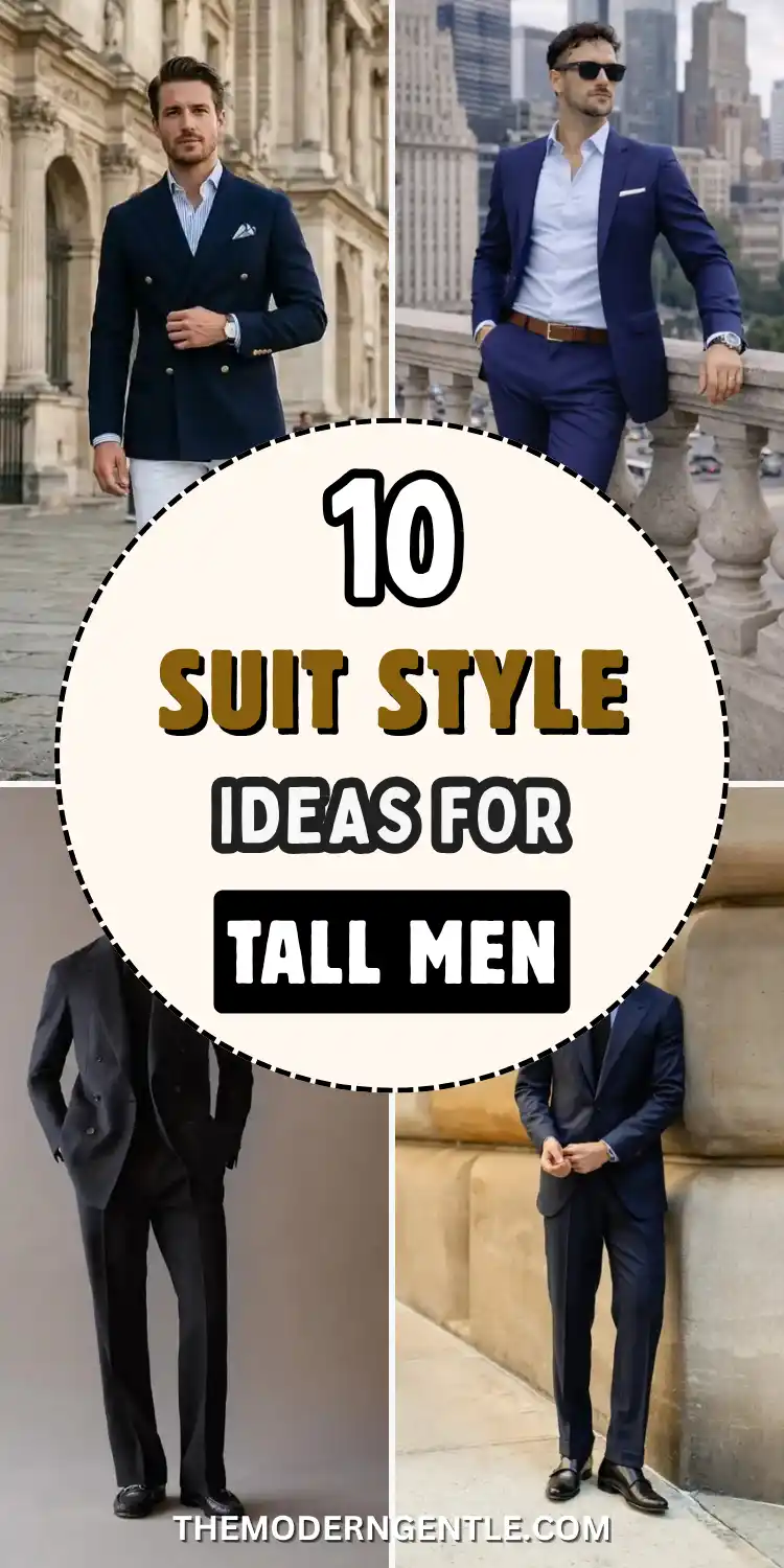 Four navy suit men looks arranged around a circular badge reading "10 Suit Style Ideas for Tall Men": a double breasted blazer with white trousers near a grand stone building, a tailored suit with sunglasses on a city terrace, a dark suit in a studio setting, and a peak lapel suit buttoned against a stone wall, each demonstrating mens suit fit guide details like jacket break and shoulder structure.