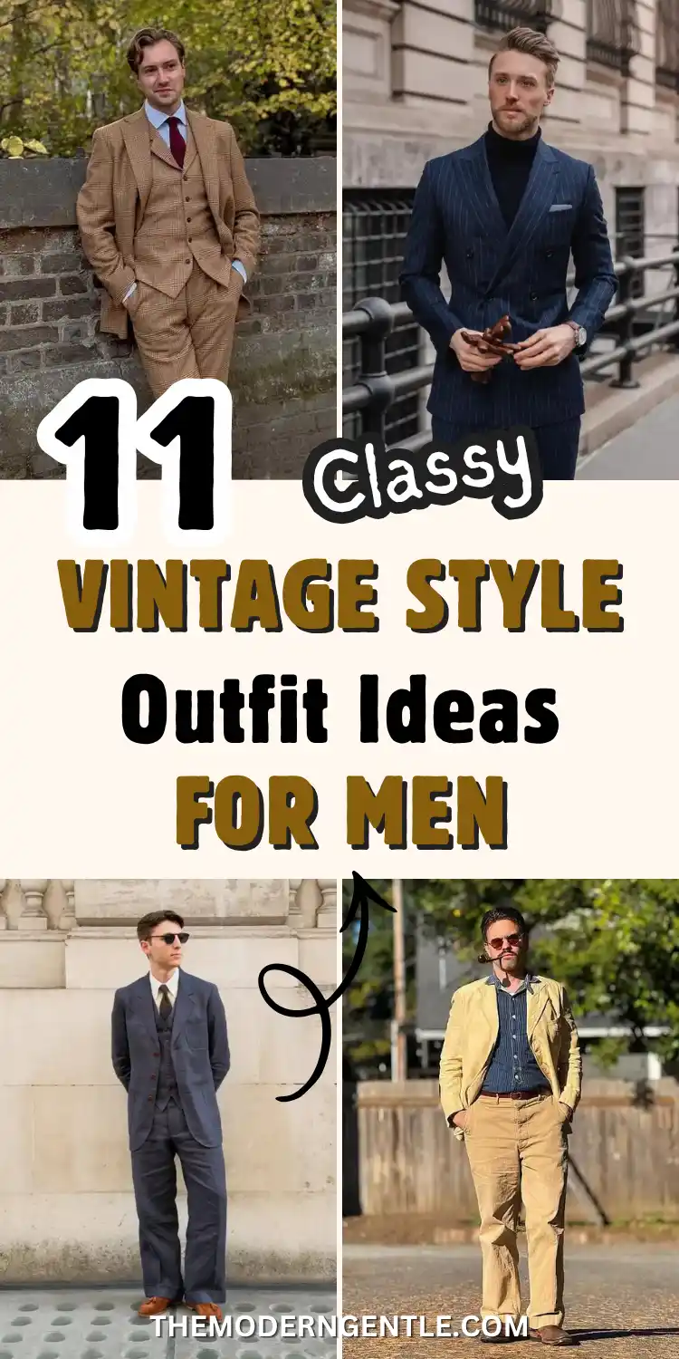 Four vintage style outfit ideas for men shown together: a man in a tan tweed three piece suit leaning against a stone wall, a man in a navy double breasted pinstripe suit with a black turtleneck on a city street, a man in a grey mens tailored outfits look with sunglasses, and a man in a tan corduroy suit men style with a denim shirt and pipe, set against greenery.
