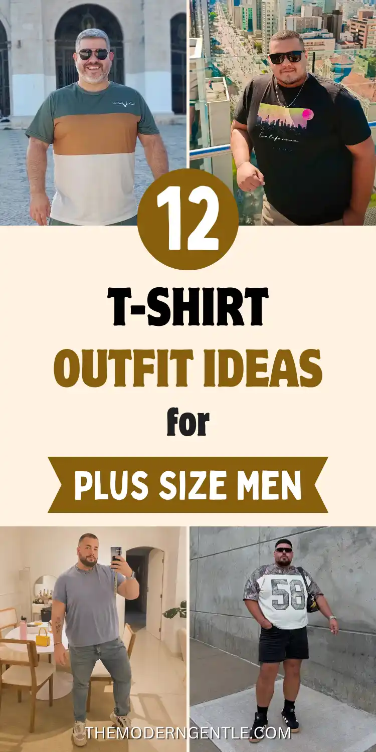 12 T-shirt Outfit Ideas for Plus Size Men That Actually Work 2 A four photo collage shows plus size men in t-shirt outfits, from a colorblock olive, rust, and oatmeal tee with matching shorts and a black skyline graphic tee on a rooftop, to a grey oversized tee with slim jeans in a mirror selfie and a camo jersey tee with black shorts against concrete. Bold text reads 12 T-Shirt Outfit Ideas for Plus Size Men, showcasing big and tall style and casual menswear.