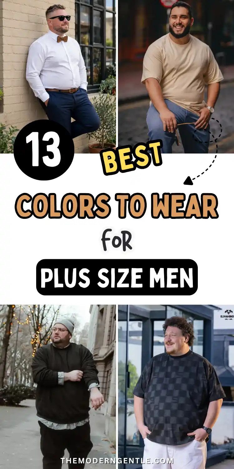 13 Best Colors for Plus Size Men to Wear That Photograph Well 2 Four best colors for plus size men to wear shown together: a man in a white shirt and bow tie against brick, a man in a tan tee holding sunglasses outdoors, a man in an olive bomber style sweatshirt with a beanie near string lights, and a man in a charcoal checkered tee outside a glass storefront, illustrating this mens color guide across casual and dressy looks.