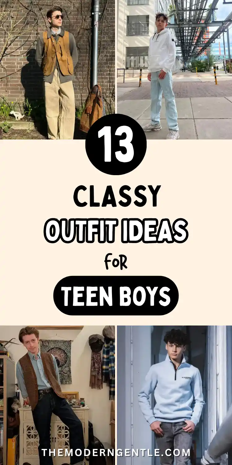 A four-photo teen boy fashion grid with a black "13" badge and rounded text reading "Classy Outfit Ideas for Teen Boys." Shows a mustard utility vest outfit with wide beige trousers against a brick wall, a white hoodie and jeans look on an industrial walkway, a brown knit vest outfit worn indoors over denim, and a light blue quarter zip outfit paired with grey jeans, spanning streetwear casual to preppy teen style.