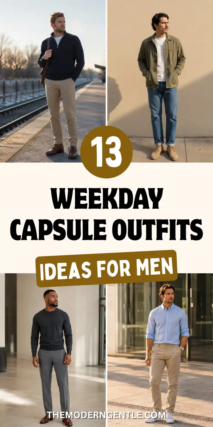 A four photo Pinterest grid titled Weekday Capsule Outfits Ideas for Men with an olive 13 badge. Photos show a navy quarter zip sweater with khaki trousers and brown boots on a train platform, an olive chore jacket over a white tee with cuffed jeans and suede boots, a charcoal knit sweater with grey wool trousers and brown loafers indoors, and a light blue oxford shirt with khaki chinos and white sneakers outdoors.