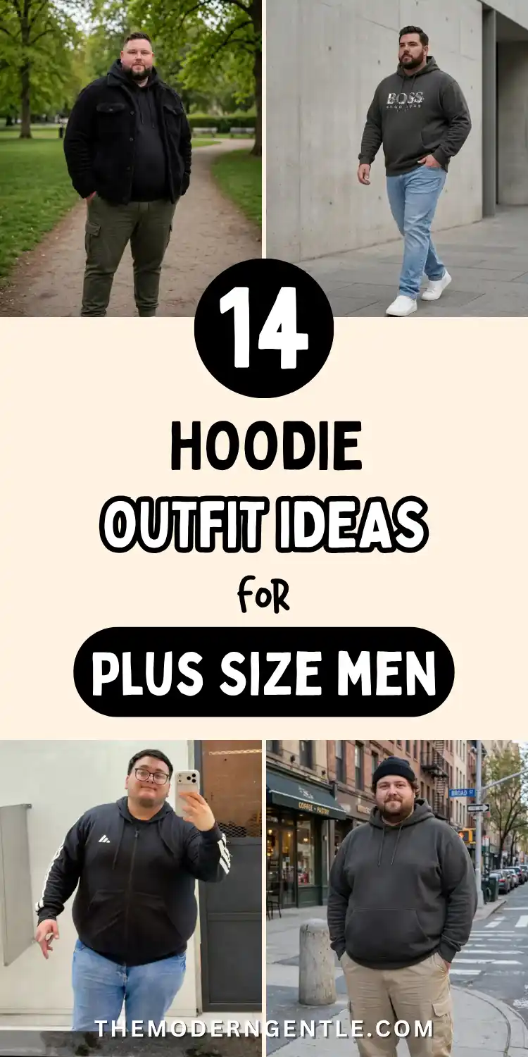 Four hoodie outfit ideas for plus size men shown together: a man in a black sherpa jacket over hoodie with olive cargo pants outfit men style walking in a park, a man in a grey branded mens hoodie outfit with light jeans by concrete walls, a man in a black zip hoodie taking a mirror selfie, and a man in a charcoal hoodie on a city sidewalk, illustrating mens streetwear layering.