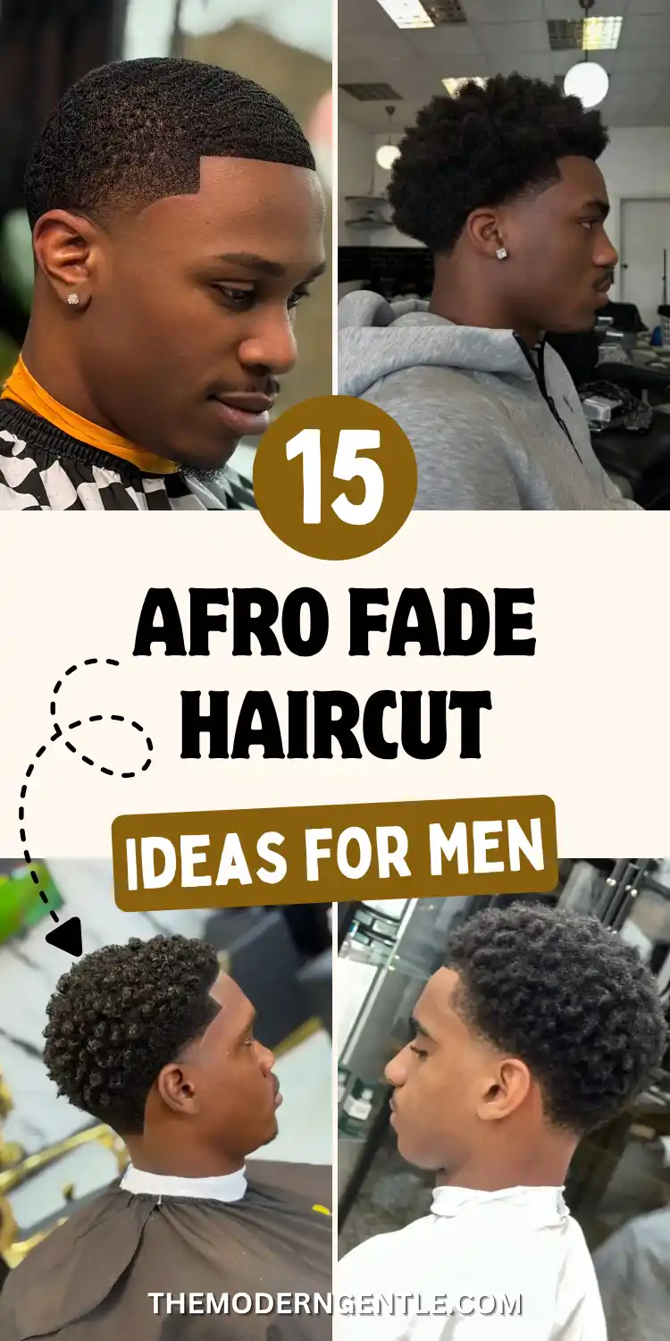 A four photo collage shows men with afro fade haircuts from different angles, including a close crop with a sharp temple fade design and stud earring, a taller curly top, a tight coily hair fade with a stepped hairline seen from behind, and a curly side profile fade. Bold black text reads Afro Fade Haircut Ideas for Men, framing this men's grooming roundup with visible zigzag hairline design work.