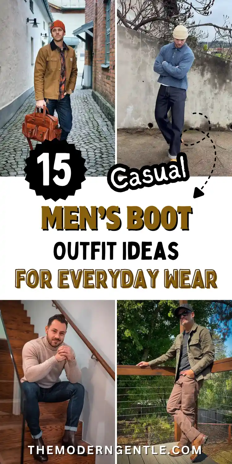 Four photo boot style collage for men: a man in an orange beanie wears a tan chore coat and plaid flannel, another in a cream beanie pairs a blue knit sweater with cuffed raw denim over natural tan boots, a third sits on a staircase in an oatmeal turtleneck and dark brown Chelsea boots, and a fourth wears an olive field jacket with tan duck pants over lug sole boots. Text reads Casual Men's Boot Outfit Ideas For Everyday Wear.