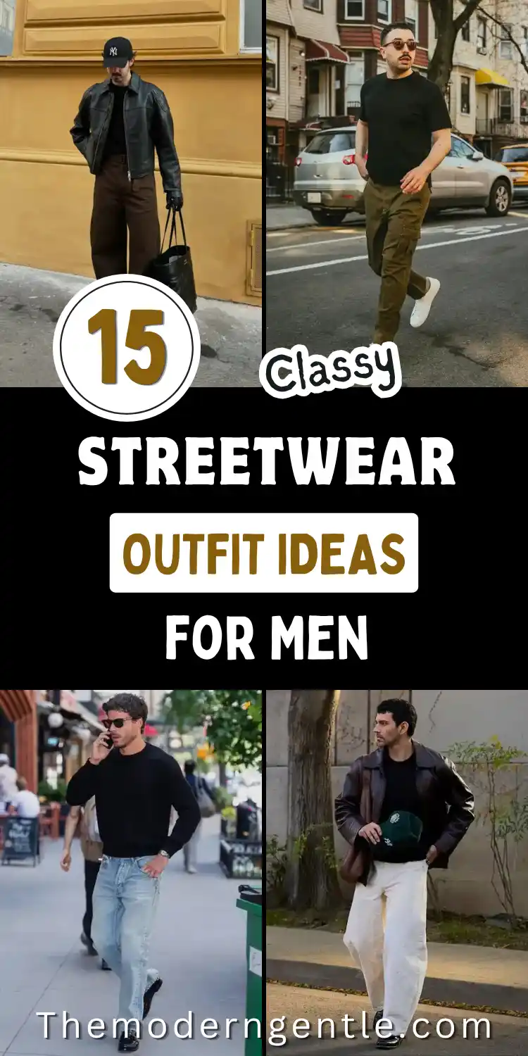 15 Classy Streetwear Outfit Ideas for Men That Elevate the Game 2 A four-photo men's street style grid with a white "15" badge and bold text reading "Streetwear Outfit Ideas for Men." Shows a leather jacket outfit with brown wide leg trousers against a yellow wall, an olive cargo pants outfit with white sneakers on the street, a black crewneck and denim look on a sidewalk, and a brown leather jacket outfit paired with cream wide leg trousers, all capturing an urban fashion aesthetic.