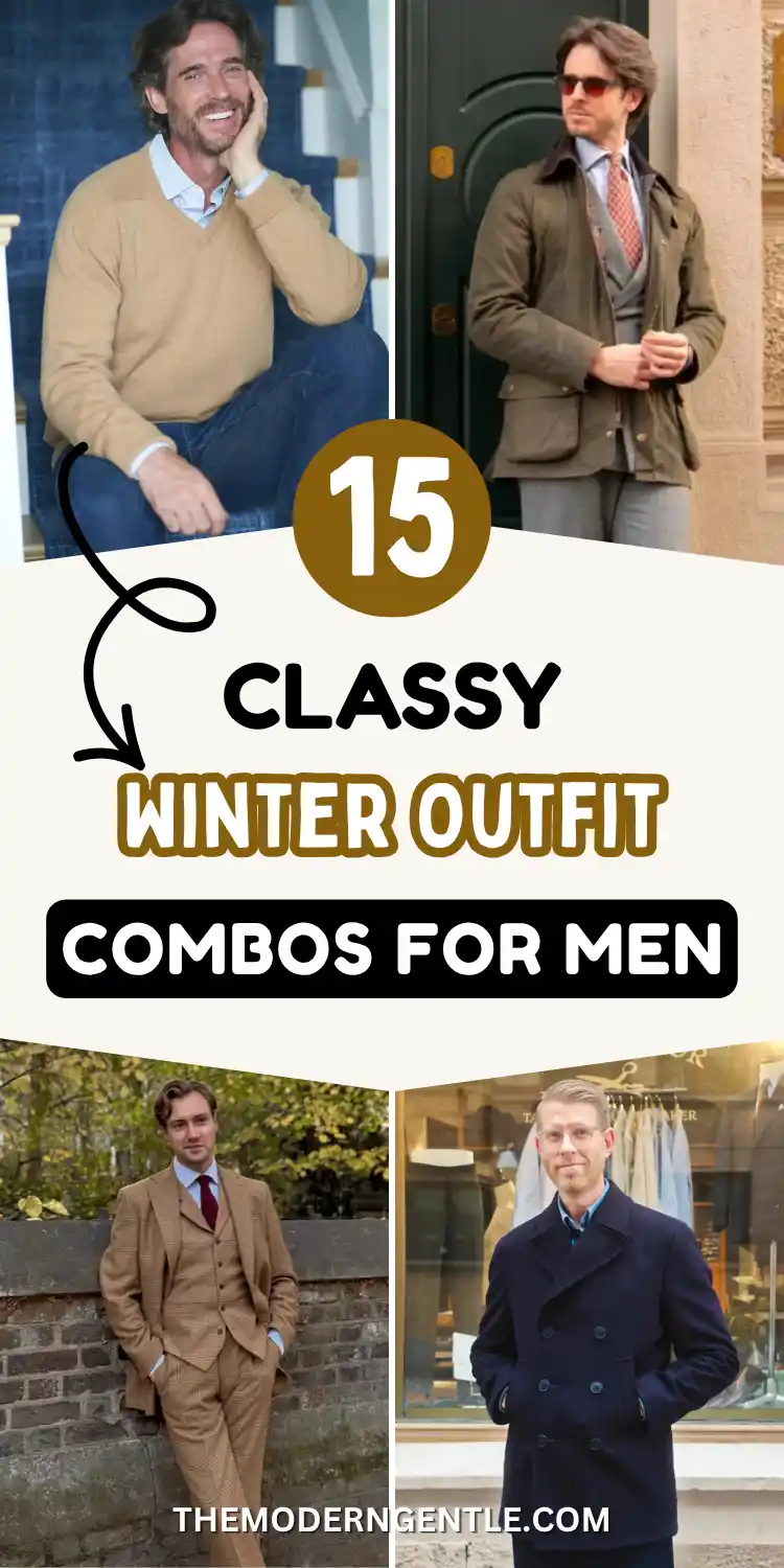 15 Classy Winter Outfit Combos for Men 2 Cold weather doesn't have to mean boring layers thrown on for warmth. These classy winter outfits for men show how a tan V-neck sweater, a tailored three-piece suit, or a sharp double-breasted peacoat can carry real style through the coldest months. Built around smart winter layering and cold weather outfits that actually hold up, this roundup gives you fifteen combos worth saving for your own wardrobe inspiration.