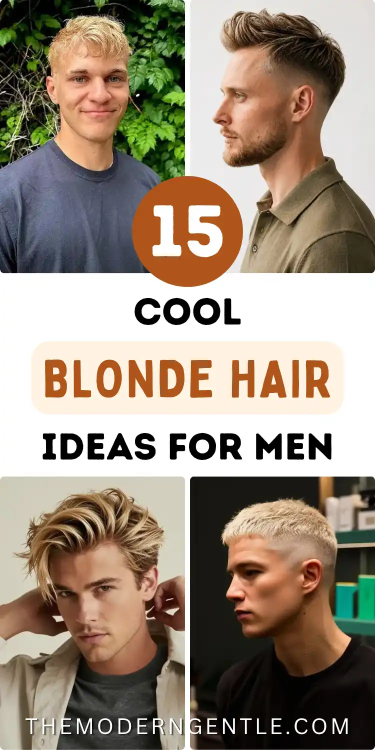 A four photo pin shows blonde hairstyles for men: a smiling guy with short natural curls against green leaves, a profile with a dirty blonde textured top and low taper fade in an olive polo, a tousled longer style with blonde highlights and a beige jacket, and a platinum blonde crop with a skin fade in a barbershop setting. Bold black and rust text reads 15 Cool Blonde Hair Ideas For Men over a cream banner.