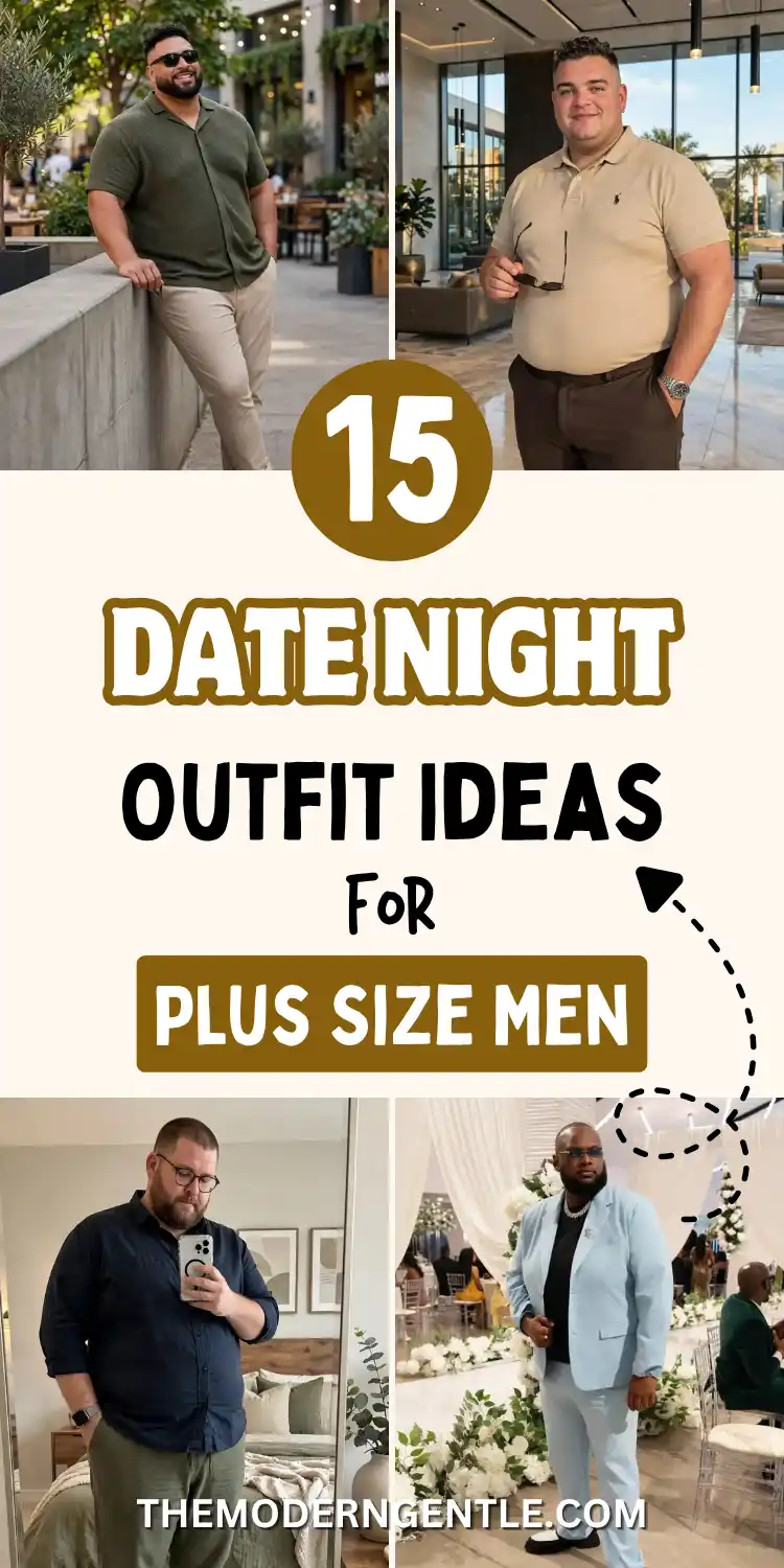 Four date night outfits for plus size men shown together: a man in an olive shirt outfit men style leaning on a ledge at an outdoor restaurant, a man in a tan polo in a bright lobby, a man taking a mirror selfie in a navy button down men look, and a man in a light blue suit men style at an elegant floral event, illustrating mens smart casual to dressier options.