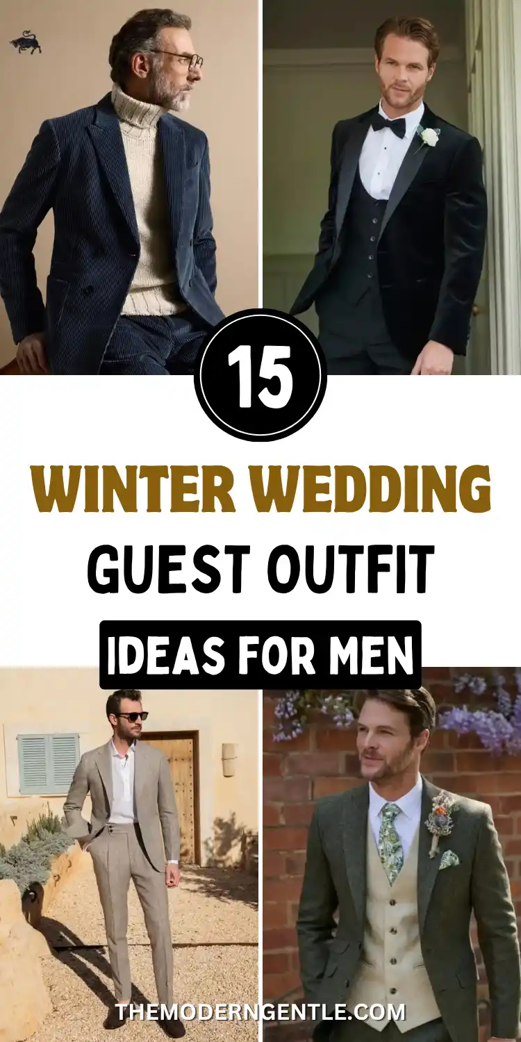 15 Winter Wedding Guest Outfit Ideas for Men 2 A four-photo wedding fashion grid with a "15" badge and bold text reading "Winter Wedding Guest Outfit Ideas for Men." Shows a navy corduroy suit outfit worn with a cream turtleneck, a black velvet tuxedo outfit with waistcoat and a white boutonniere, a light grey suit with an open collar shirt outside a stucco building, and a green tweed suit with beige waistcoat and floral tie by brick.