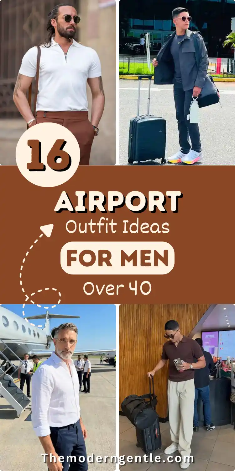 A four photo pin shows airport outfits for men over 40: a bearded man in a white zip polo and rust trousers by a gate, another walking with a rolling suitcase in a grey jacket, a grey haired man in a white linen shirt near a private jet, and a man in a brown knit polo with cream wide leg trousers pulling luggage. Bold cream text on a brown band reads 16 Airport Outfit Ideas For Men Over 40.