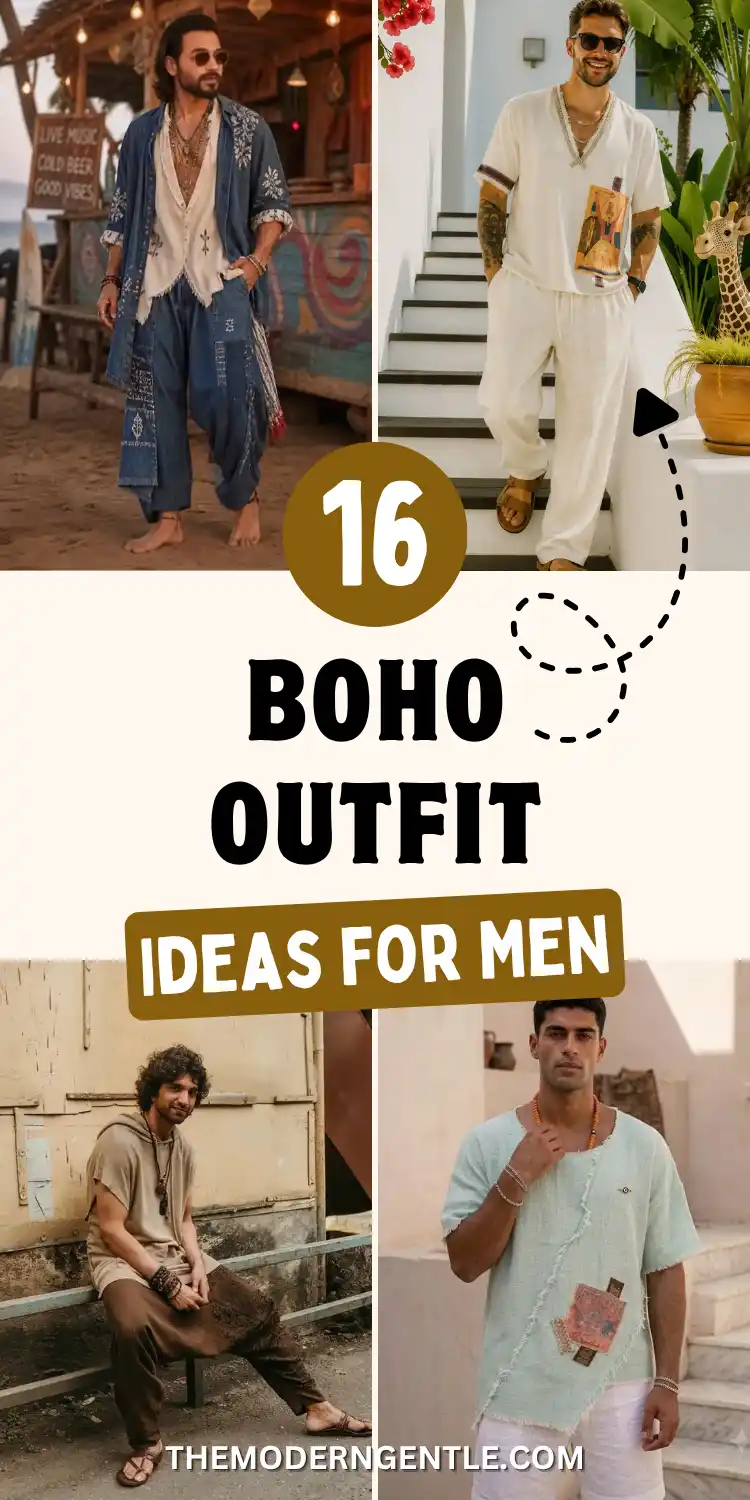 16 Boho Outfit Ideas for Men to Wear Casually 2 Pinterest pin collage of four boho outfits for men, bold black text reading 16 Boho Outfit Ideas For Men inside an olive circle badge on a cream background. Photos include an indigo denim duster over harem pants at a beach bar, an ivory linen shirt and pants set with an embroidered patch, a tonal brown outfit with layered beaded necklaces, and a sage green raw edge top with white shorts and orange beads, all in an earthy bohemian menswear style.