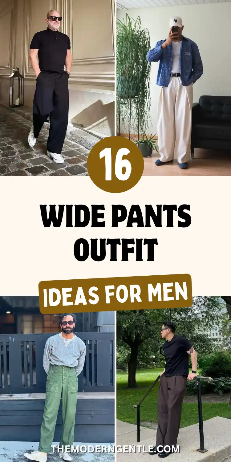 16 Wide Pants Outfit Ideas for Men That Actually Look Put Together 2 Four photo wide pants collage for men: an older man in sunglasses wears a black polo tucked into wide black trousers on a cobblestone street, another takes a mirror photo in a blue check overshirt over ivory pleated trousers and blue loafers, a bearded man pairs a grey sweatshirt with olive cargo wide trousers, and a fourth wears a black tee with chocolate wide trousers outdoors. Text reads Wide Pants Outfit Ideas For Men.