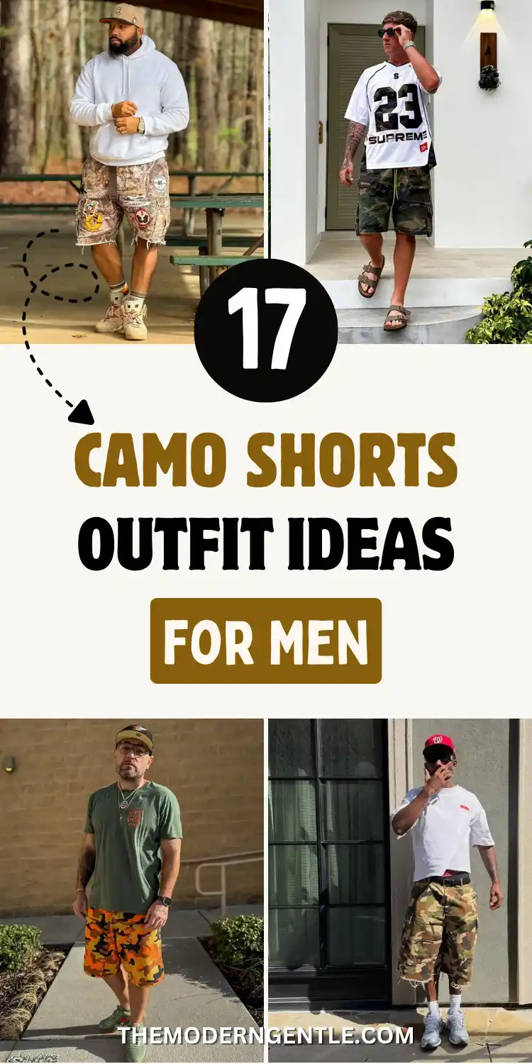 Four photo collage of camo shorts outfits for men: a frayed desert camo cutoff short worn under a white hoodie at a wooded picnic table, an oversized white number 23 jersey over woodland camo cargo shorts with sandals on a porch, an olive tee paired with bright orange camo shorts on a sidewalk, and a white tee with camo shorts and white sneakers by a dark doorway. Bold black and brown text reads 17 Camo Shorts Outfit Ideas For Men.