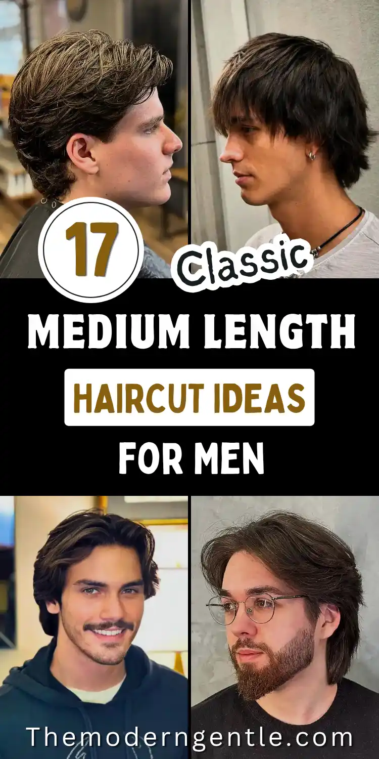 17 Classic Medium Length Mens Haircuts and Exactly What to Ask Your Barber 2 A four photo pin grid shows medium length hairstyles for men, including a layered cut with blonde highlights, a shaggy fringe haircut, a wavy side part paired with a mustache and hoodie, and a tousled style on a man with glasses and a beard. Bold black text reads 17 Classic Medium Length Haircut Ideas For Men over a mix of textured, wavy hair, ideal for barber haircut inspiration and mens hairstyle ideas.