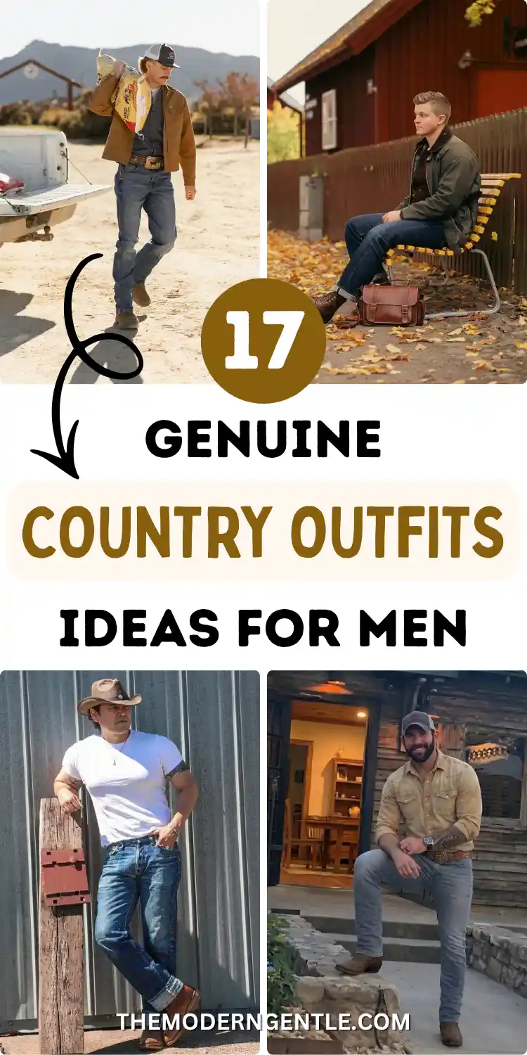 Four-photo grid of country outfits for men in warm, dusty autumn tones. A man in a rust chore coat carries a feed sack near a pickup truck, another sits on a bench in an olive waxed jacket with a leather satchel, one leans in a leather cowboy hat and white tee, and one stands on rustic steps in a tan button-down. Bold text reads "17 Genuine Country Outfits Ideas For Men."
