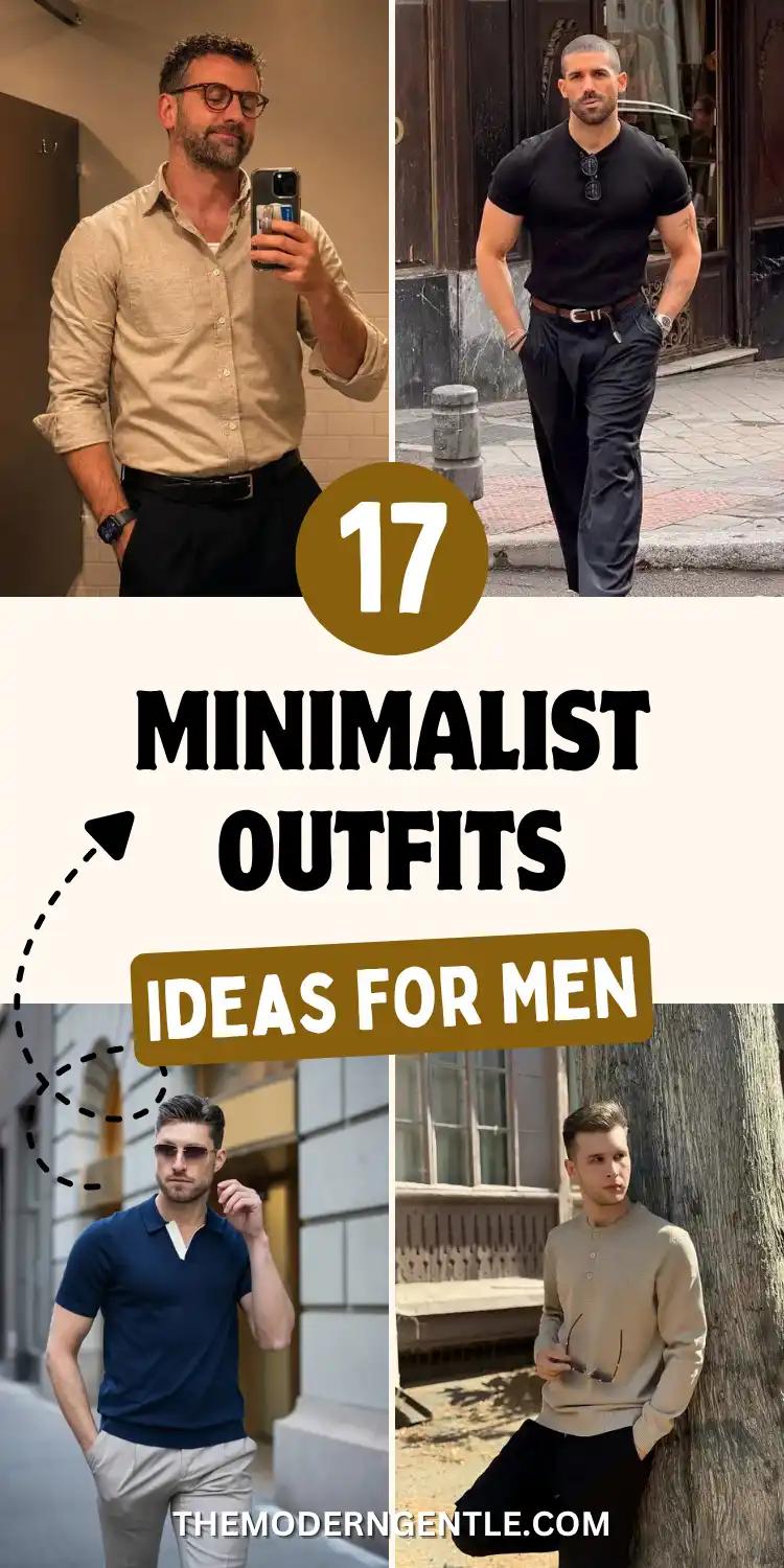 Pin grid showing minimalist outfits for men in a neutral color palette: a tan button-down shirt with black trousers, a fitted black tee with pinstripe trousers and brown belt on a cobblestone street, a navy knit polo outfit with tan trousers, and a beige henley sweater outfit against a tree trunk. Bold black text reads '17 Minimalist Outfits Ideas for Men' over a cream background with a brown badge and dashed arrow doodle.