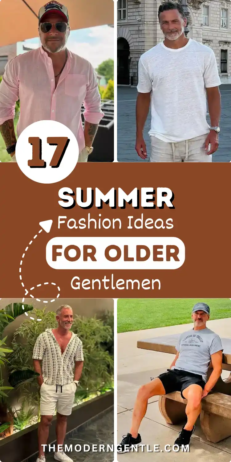 Summer Fashion for Older Gentlemen: 17 Timeless Outfits That Still Feel Fresh 2 A split collage shows four outfits highlighting summer fashion for older gentlemen. Top left features a man in a pink linen shirt and aviators. Top right shows a crisp white tee with neutral trousers. Bottom left displays a patterned camp shirt over white shorts. Bottom right highlights a casual graphic tee with black shorts. Central brown text reads 17 SUMMER Fashion Ideas FOR OLDER Gentlemen. These comfortable looks inspire easy men's summer style.