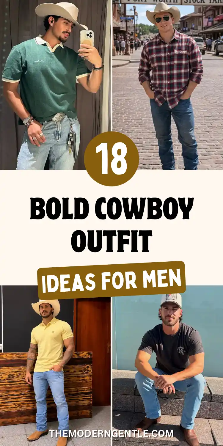 Four photo cowboy style collage for men: a man in a cream felt hat wears a forest green ribbed polo with an oversized silver belt buckle, another in a tan hat wears a red plaid flannel with rolled sleeves on a cobblestone street, a third in a straw hat pairs a butter yellow polo with honey boots, and a fourth in a white trucker cap wears a charcoal graphic tee and jeans. Text reads Bold Cowboy Outfit Ideas For Men.