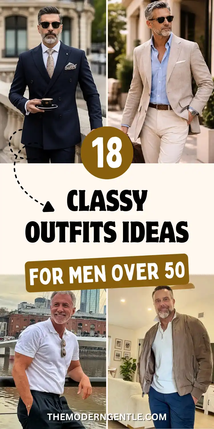 A four photo pin showing mens style over 50. Top left, a navy double breasted suit with a tan patterned tie, holding espresso on a stone balcony. Top right, a tan textured blazer over a light blue shirt with cream trousers and a brown belt. Bottom left, a white polo with sunglasses on the collar near a city bridge. Bottom right, a taupe bomber jacket over a white popover shirt. Text reads 18 Classy Outfits Ideas For Men Over 40.