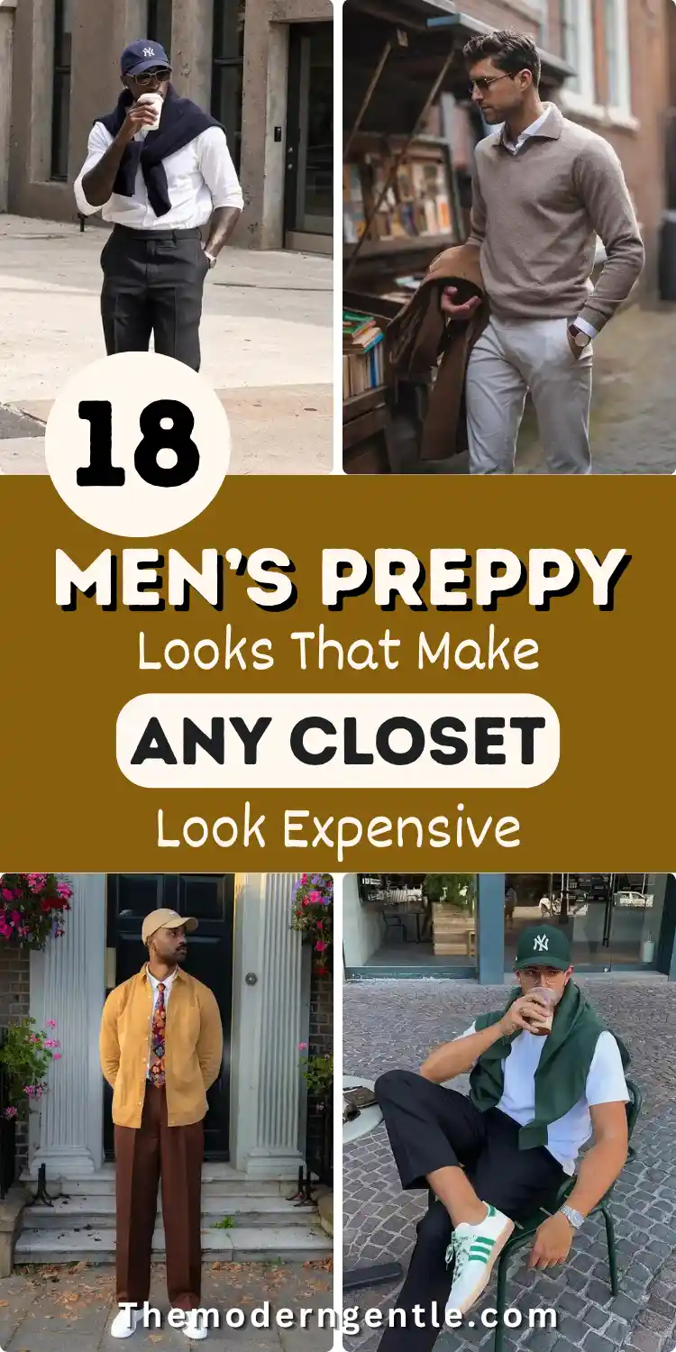 18 Men's Preppy Looks That Make Any Closet Look Expensive 2 Four photo preppy style collage for men: a man in a navy cap sips coffee with a navy sweater tied over a white shirt, another in an oatmeal knit sweater carries a camel coat near a bookstall, a third in a tan cap wears an open mustard overshirt over a patterned tie, and a fourth in a green cap sits with a green sweater tied over a white tee. Text reads Men's Preppy Looks That Make Any Closet Look Expensive.