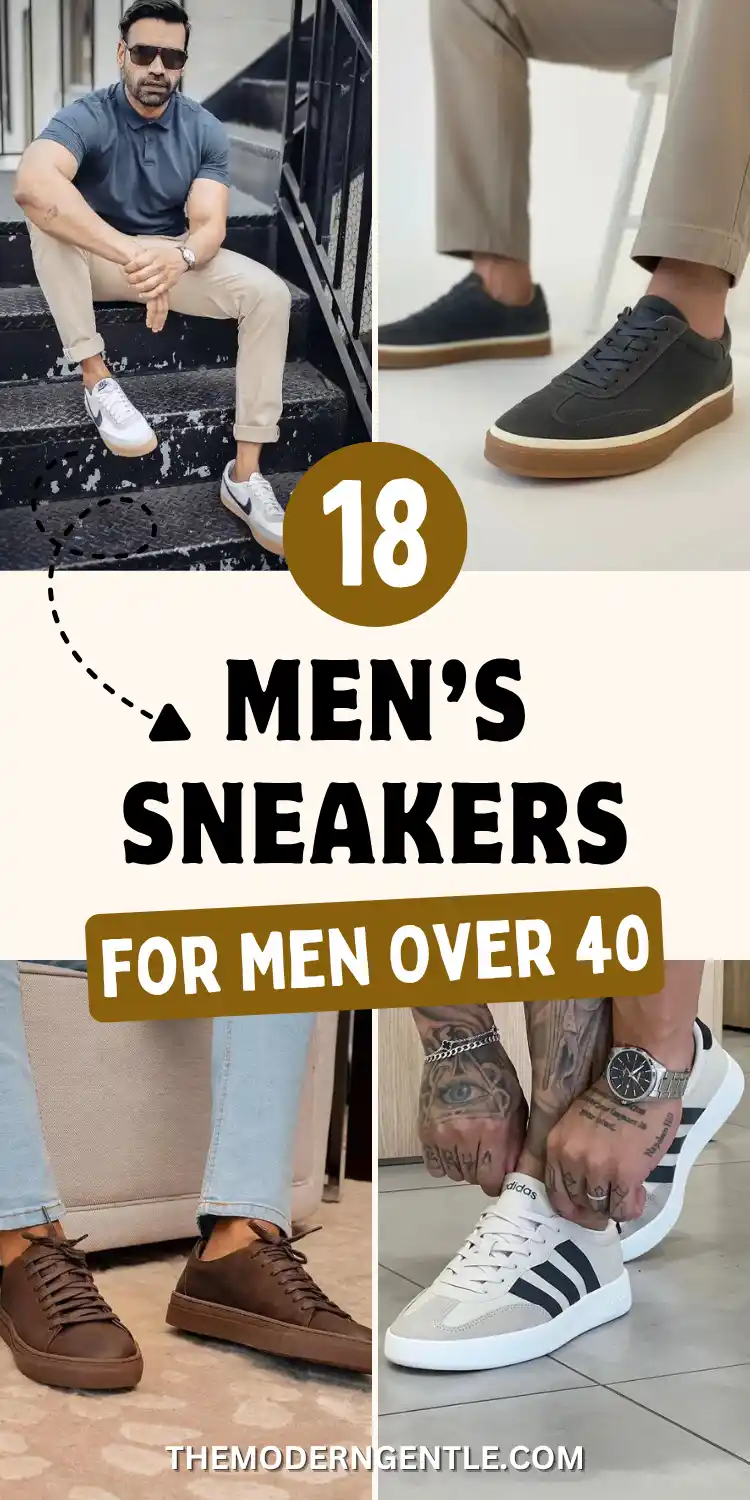 Pinterest pin collage titled 18 men's sneakers for men over 40, showing four close-up outfit photos. A man in a navy polo and sunglasses sits on outdoor stairs wearing white leather sneakers with khaki chinos. Other images show charcoal suede sneakers with gum soles, brown leather sneakers paired with light wash jeans, and tattooed hands lacing white sneakers with black stripes, illustrating smart casual mens style and everyday sneaker outfit ideas.