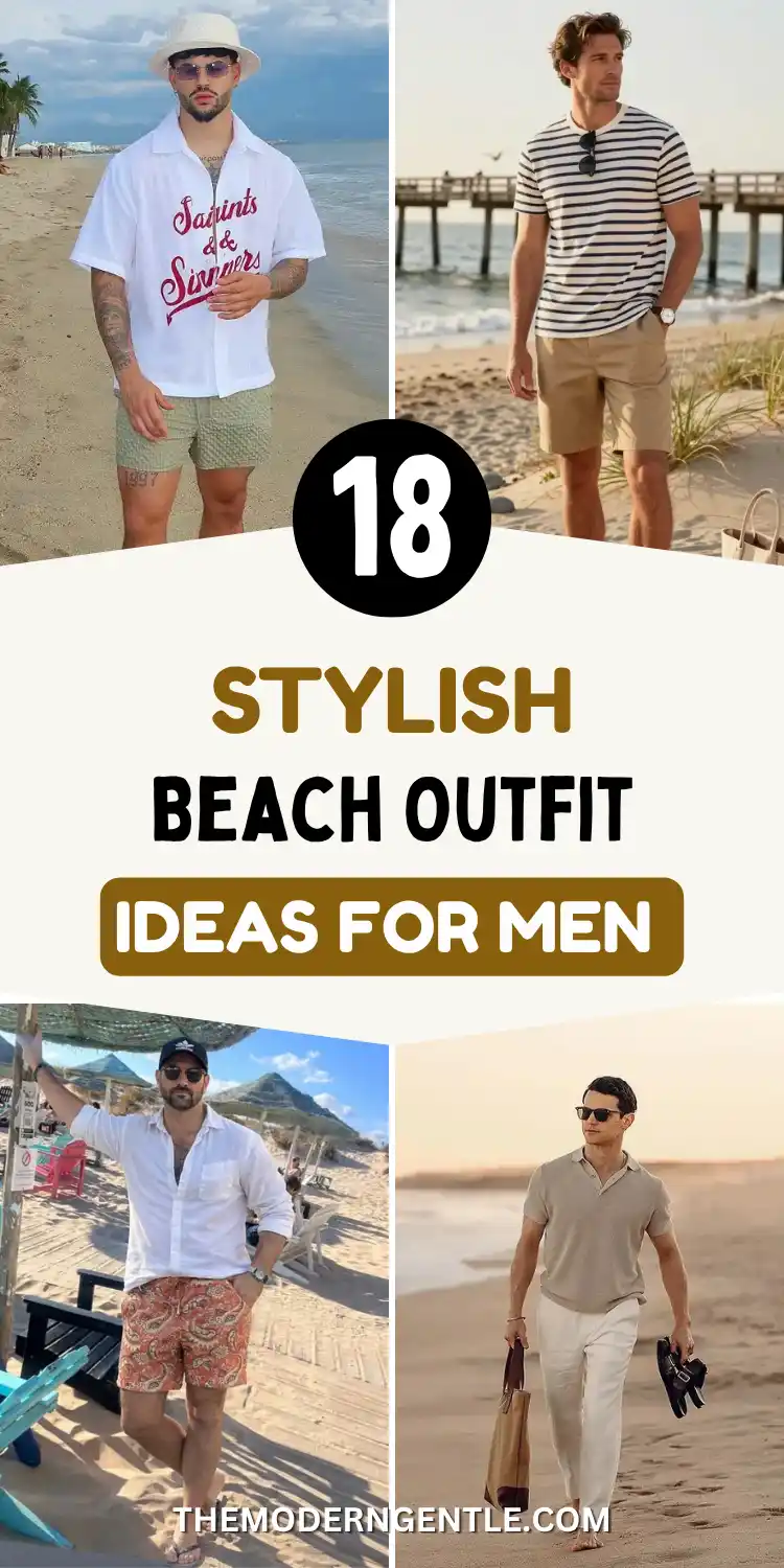 Four beach outfit ideas for men in one collage. A white camp collar shirt with red script over sage waffle shorts and a bucket hat, a navy striped tee with tan chino shorts by a pier, an open white linen shirt over rust paisley swim shorts, and a taupe knit polo with white linen trousers and leather sandals. Warm neutral coastal palette with gold and black text reading 18 stylish beach outfit ideas for men.