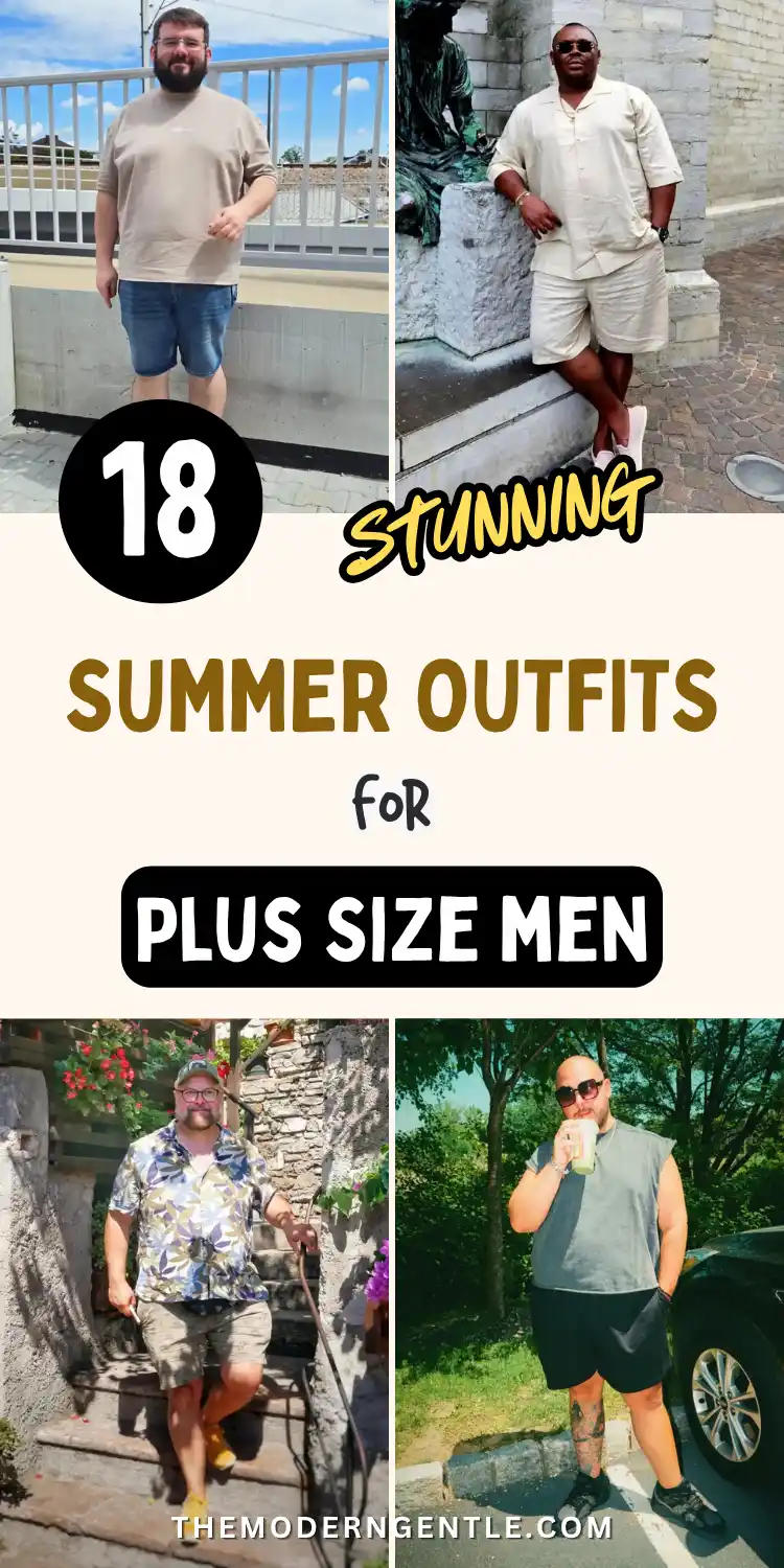 A four photo collage shows plus size men in summer outfits, including a beige tee and denim shorts outfit on a bridge, a cream camp collar shirt and shorts set by a stone statue, a floral shirt with khaki shorts outfit on stone steps, and a sleeveless tee outfit with dark shorts near parked cars and trees. Bold brown text reads 18 Stunning Summer Outfits for Plus Size Men, spotlighting this big and tall style roundup.