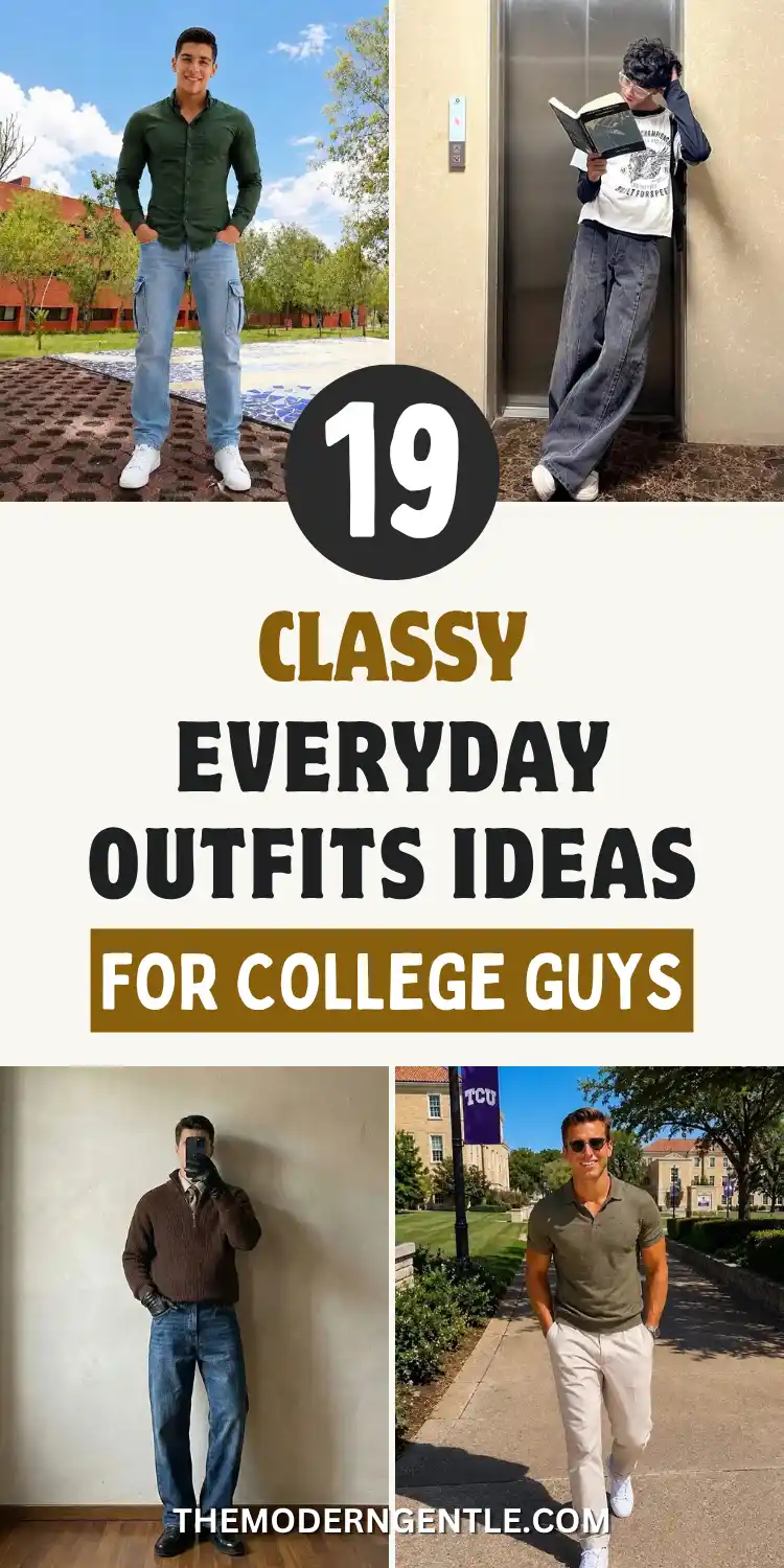 19 Classy Everyday Outfits for College Guys 2 Four photo college style collage: a man in a forest green button-up shirt and light wash cargo jeans on a campus quad, another reading in a mirrored elevator wearing a graphic tee under an open zip-up with wide grey jeans, a third in a brown quarter-zip sweater over a collared shirt and tie, and a fourth walking past a purple TCU banner in an olive polo and cream trousers. Text reads Classy Everyday Outfits Ideas For College Guys.