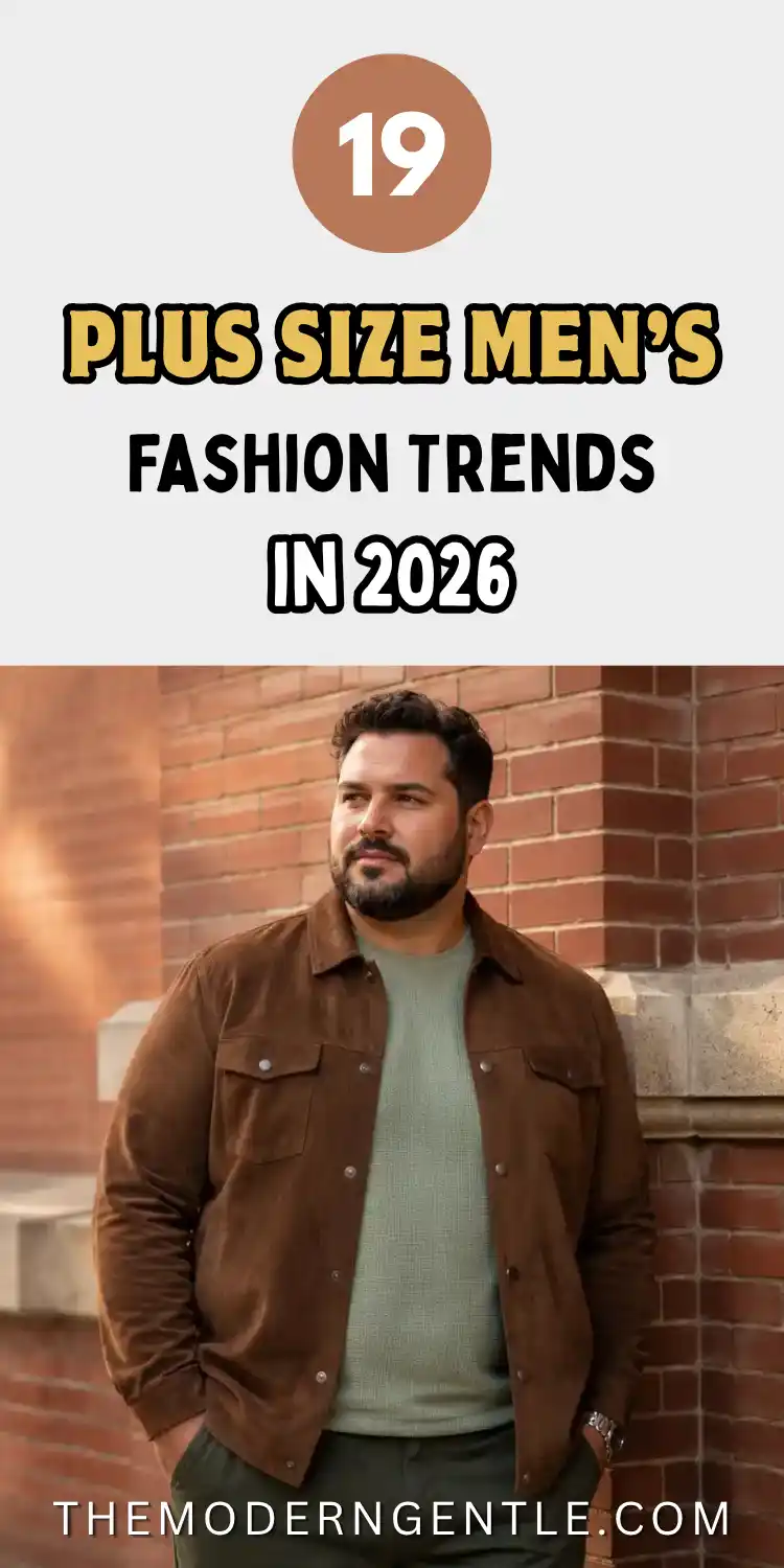 A bearded man stands against a red brick wall, wearing an open brown suede overshirt over a sage green textured knit sweater and dark olive trousers, hands tucked in his pockets. The pin reads Plus Size Mens Fashion Trends in 2026 over a light grey backdrop with a numbered badge, showcasing plus size mens style through rich brown suede overshirt layering and bearded men style.
